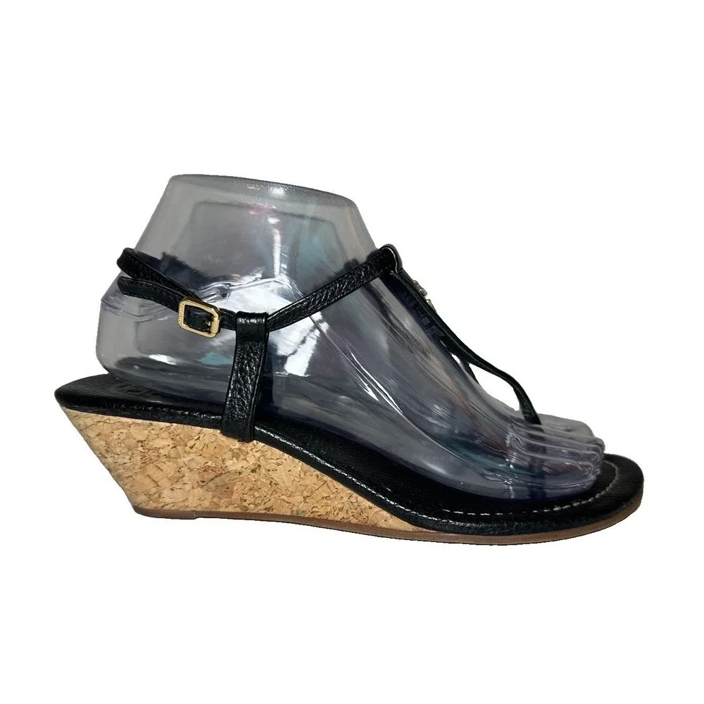 Tory Burch SIZE 7.5 Britton Black Leather Thong Wedge Sandals Cork Heels Logo